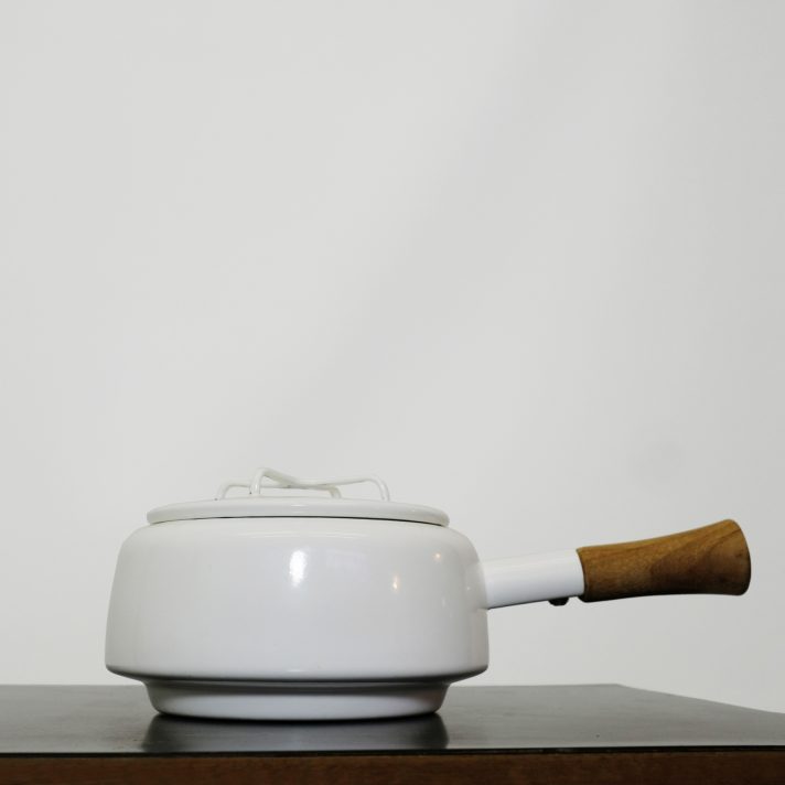 Mid century Kobenstyle Dansk enamel fondue pot with a teak handle.