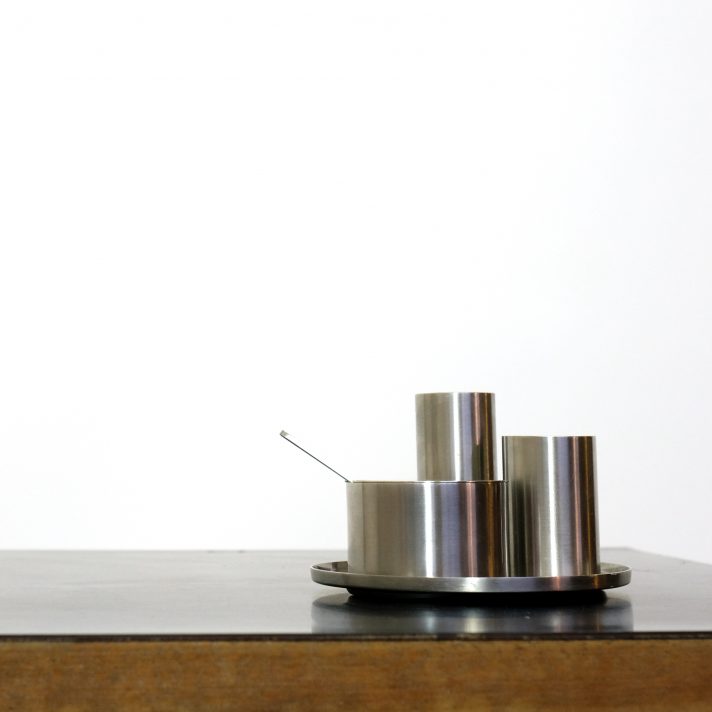 Salt, pepper and mustard set, Cylinda Line, by Arne Jacobsen for Stelton, 1967.