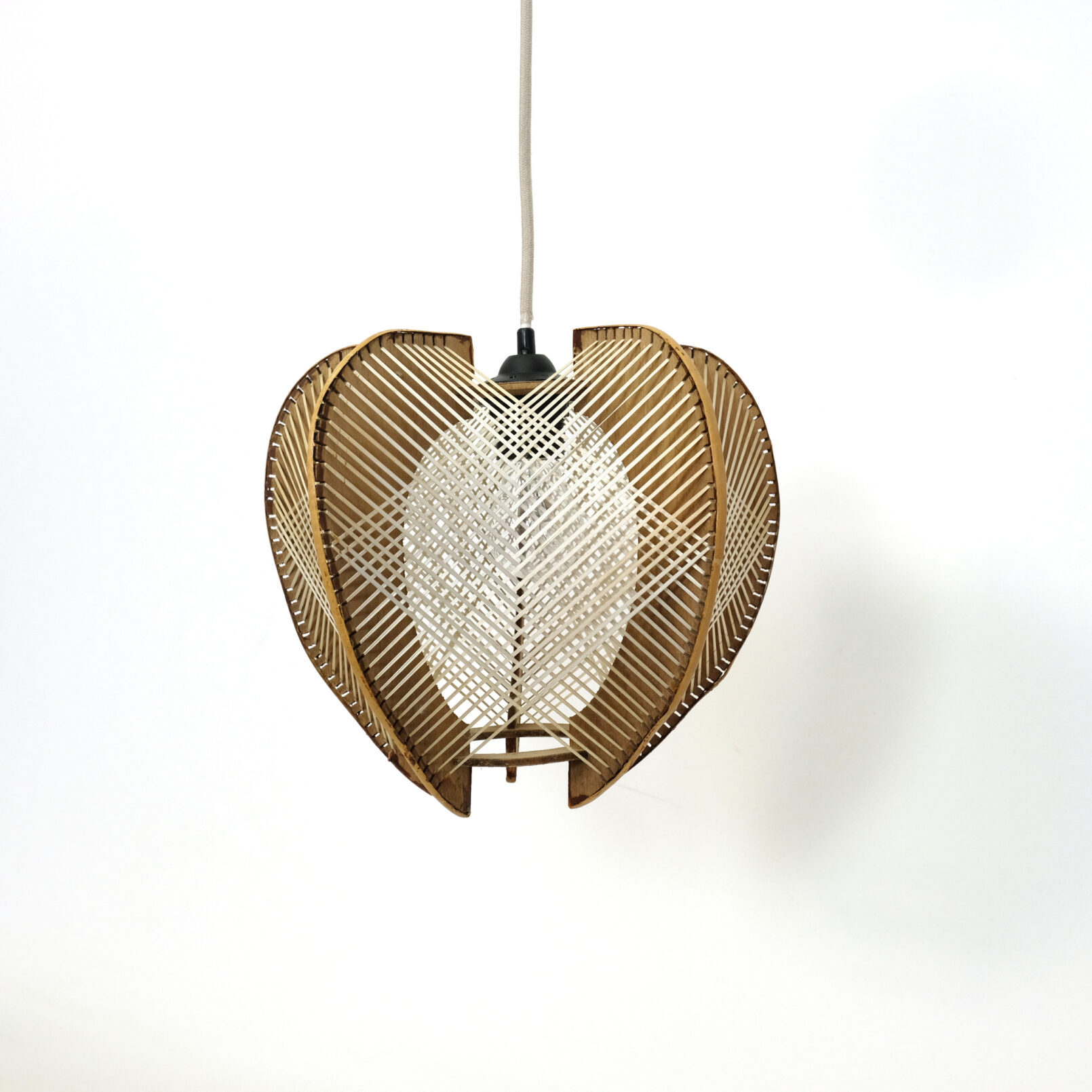 French hanging lamp made of wood and string, 1960s-1970s.