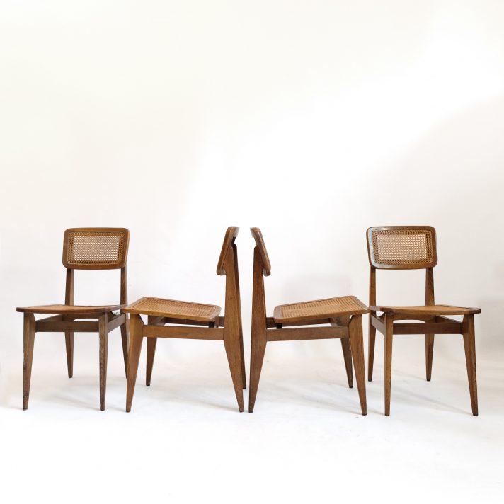 Marcel Gascoin, série de 4 chaises C cannées, Arhec, 1950’s.
