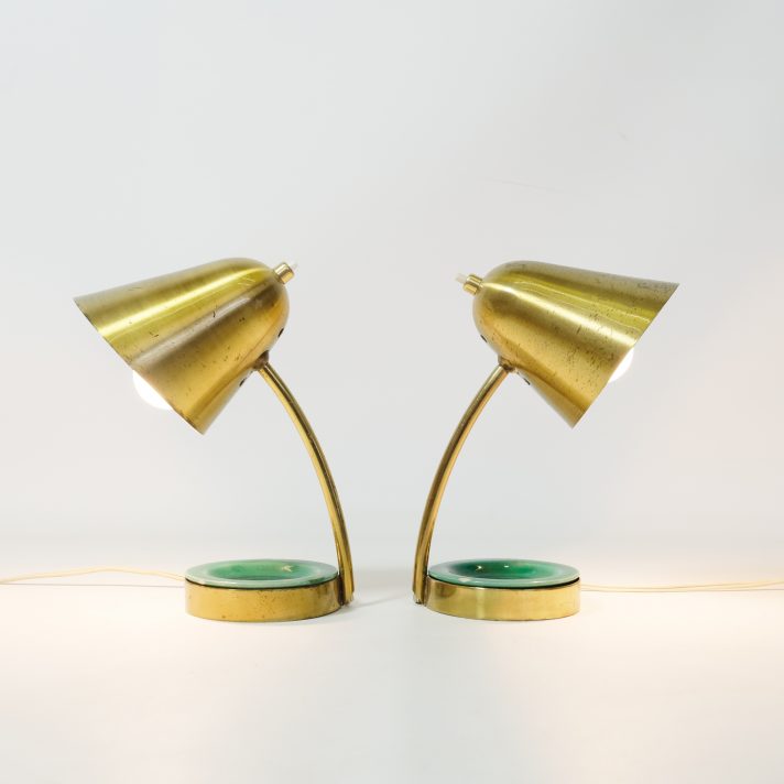 Pair of brass lamps with a green ceramic tray, France, 1950’s.