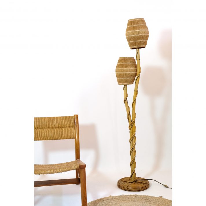 French rattan floor lamp with 2 lights, 1950-1960.
