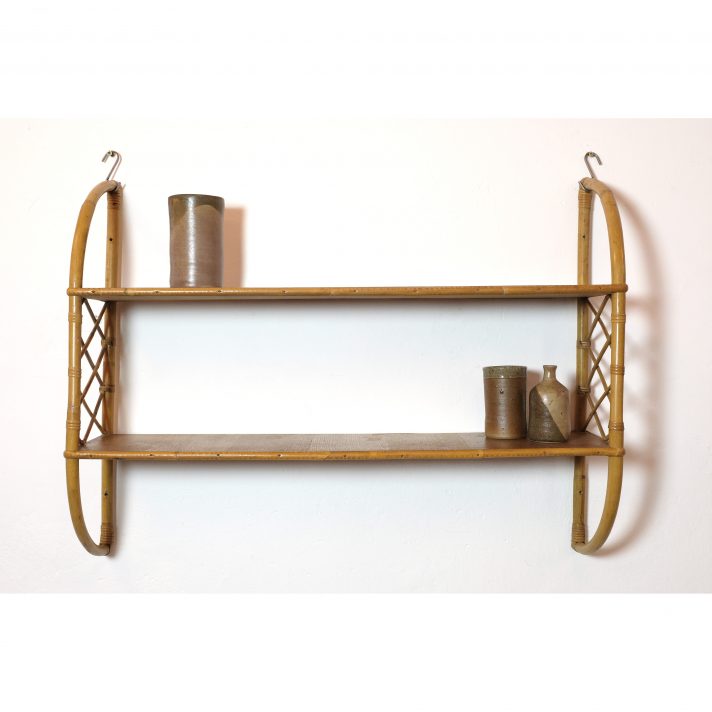 French wood and rattan shelves from the 1960s-1970s.