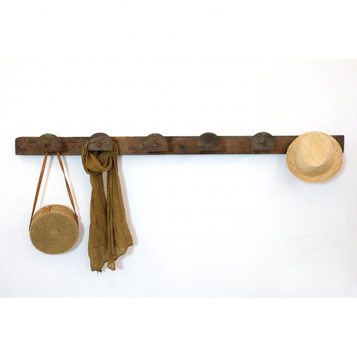 Large farm wooden coat rack with 6 hangers.