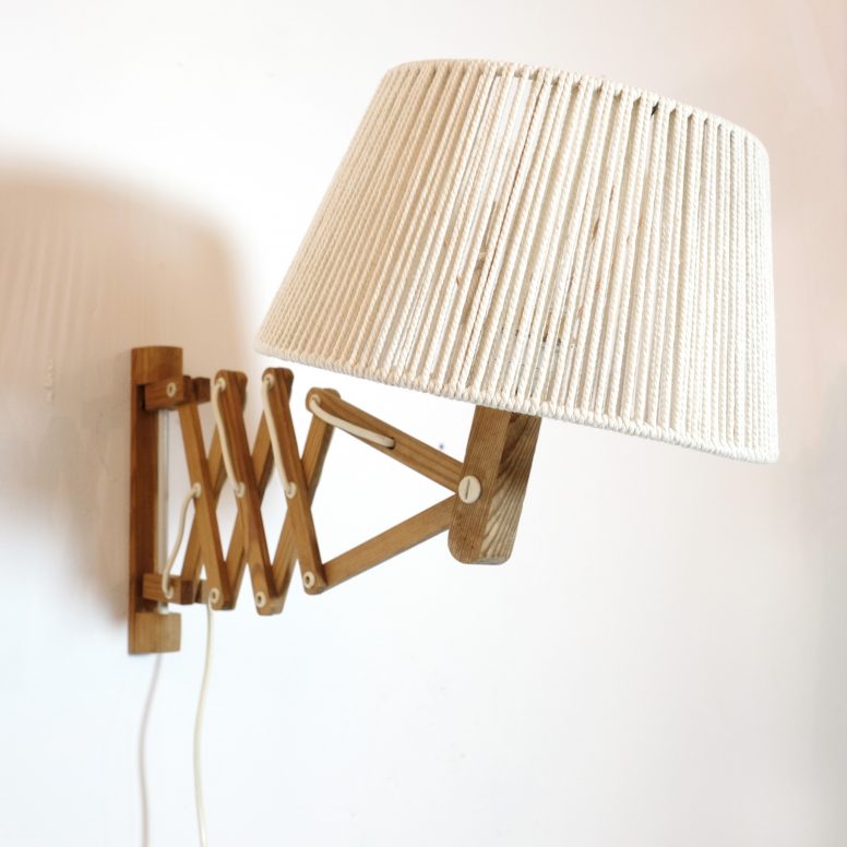 Pair of wooden wall mounted scissor lamps with cotton shades. — LampAndCo