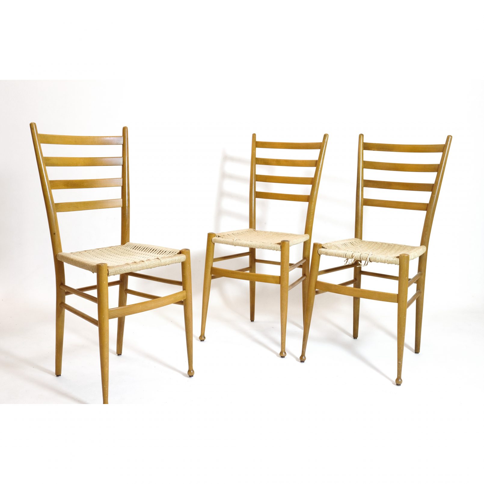 Set of three Italian chairs, wood and rope, 1950s.