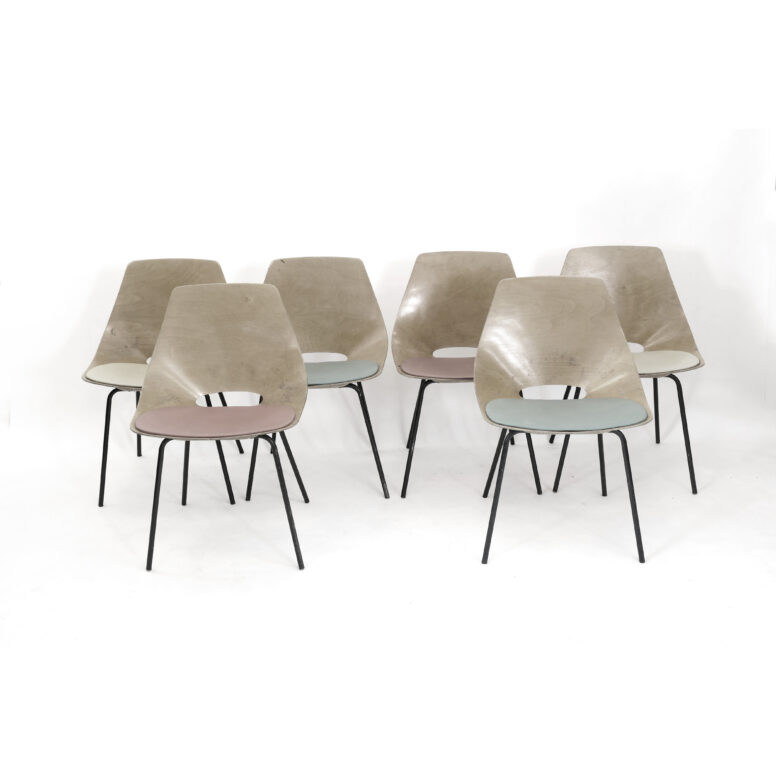 Pierre Guariche, a set of 6 Tonneau chairs, Steiner, 1960s.