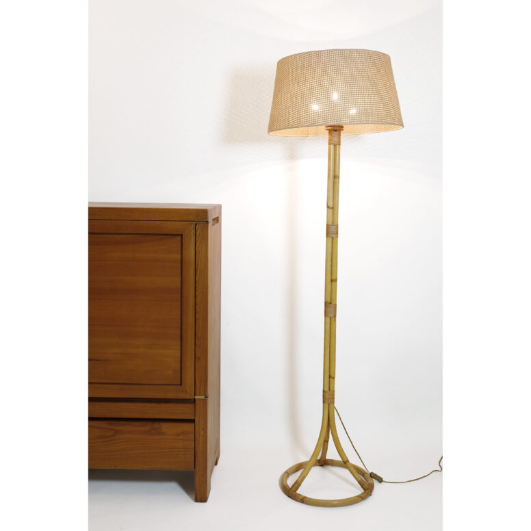 Louis Sognot, French rattan floor lamp from the 1960s, 177cm.