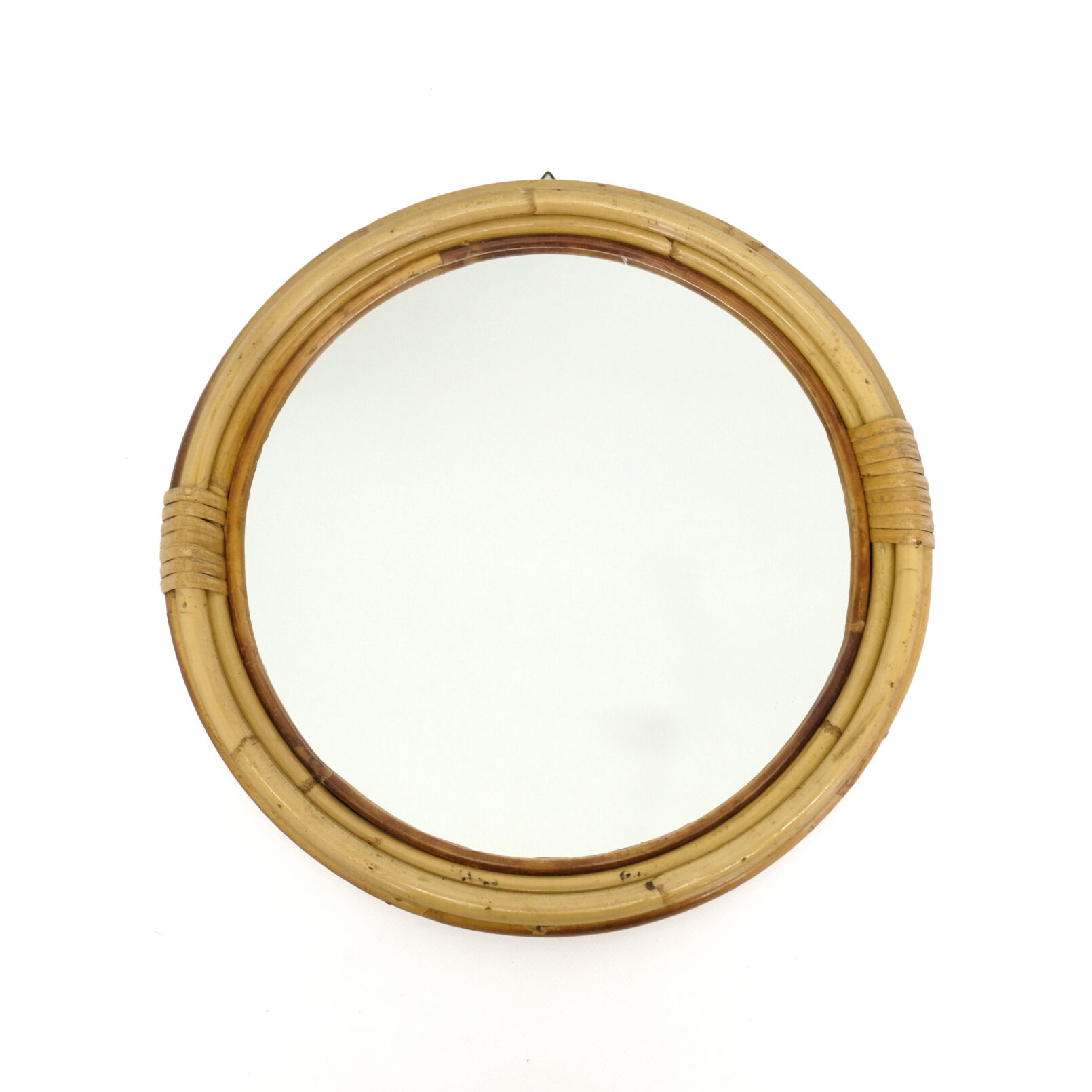 Petit miroir rond en bambou des années 70-80, 37cm.