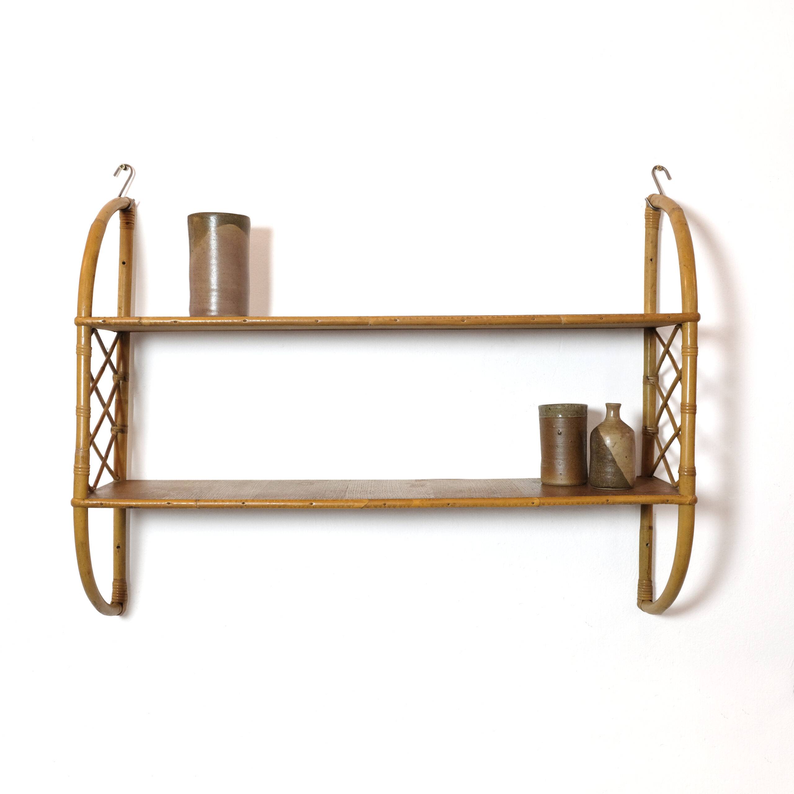 French wood and rattan shelves from the 1960s-1970s.