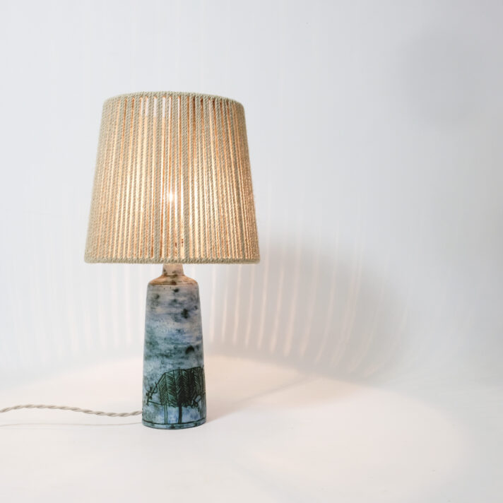 Jacques Blin, blue enameled table lamp with a rope shade.