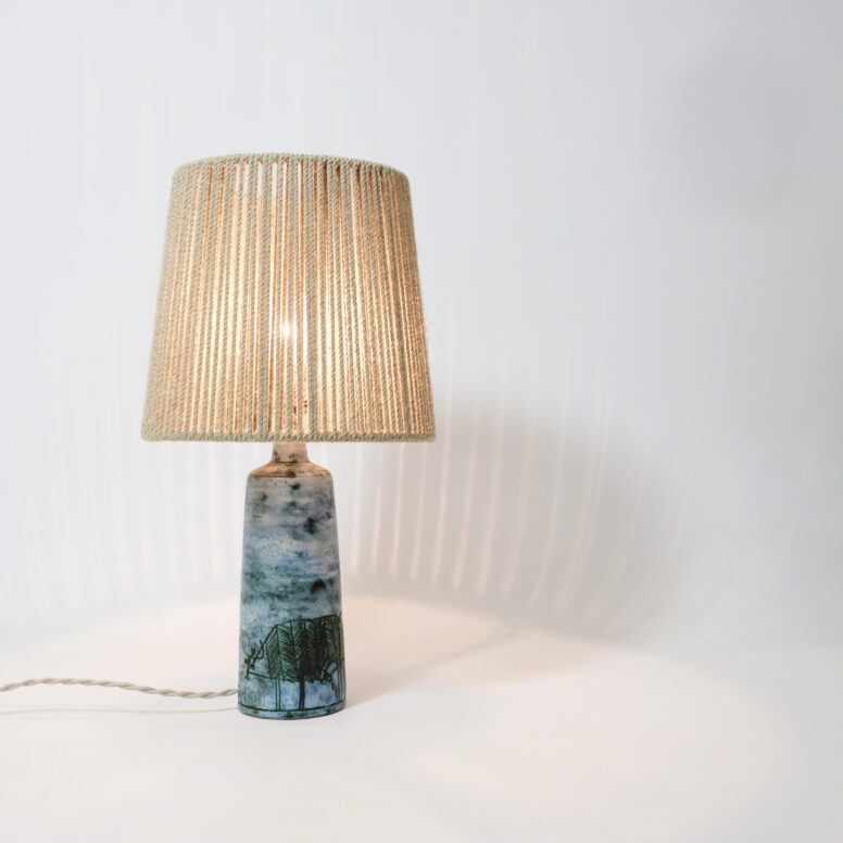 Jacques Blin, blue enameled table lamp with a rope shade.