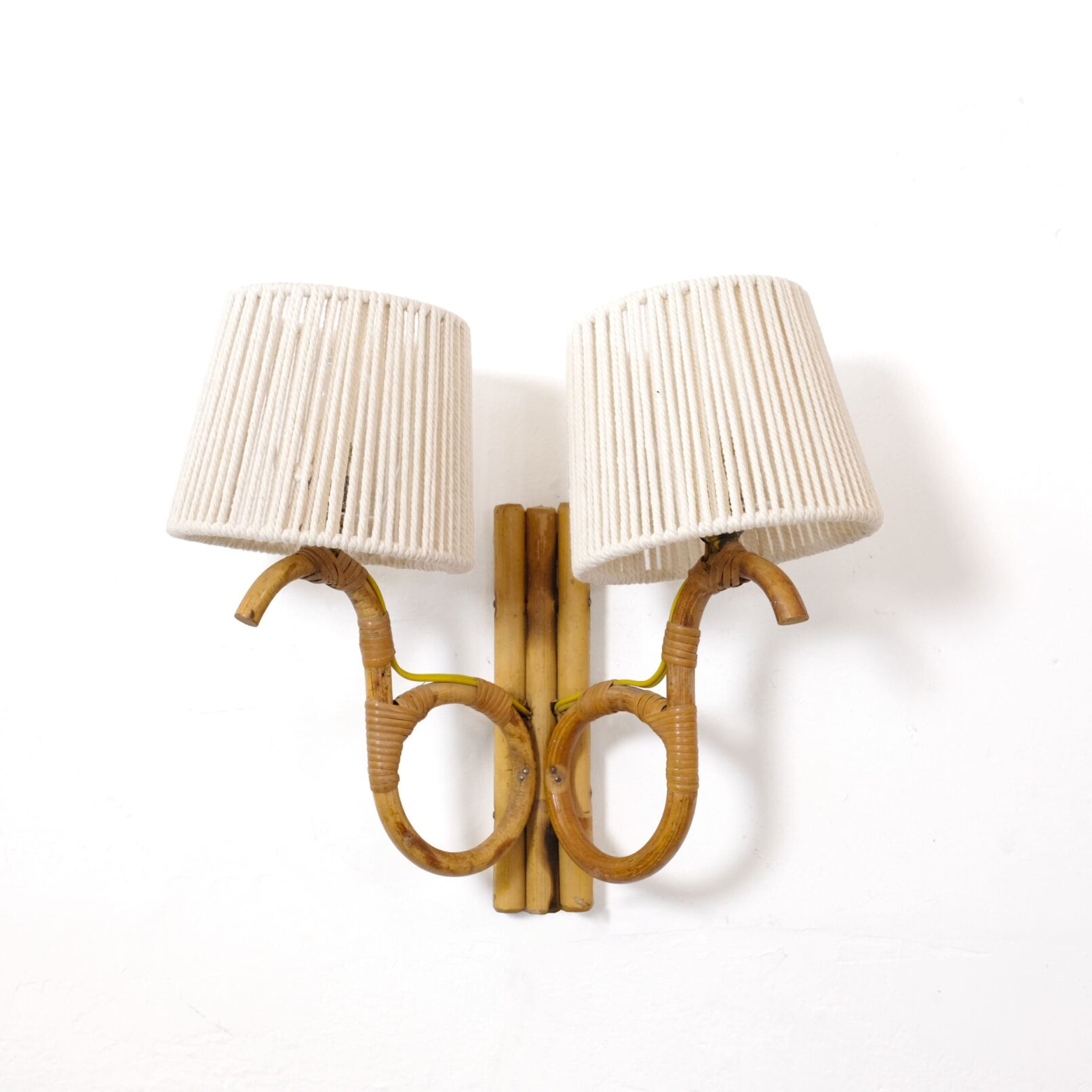 French rattan wall lamp with 2 lights, 1960-1970.