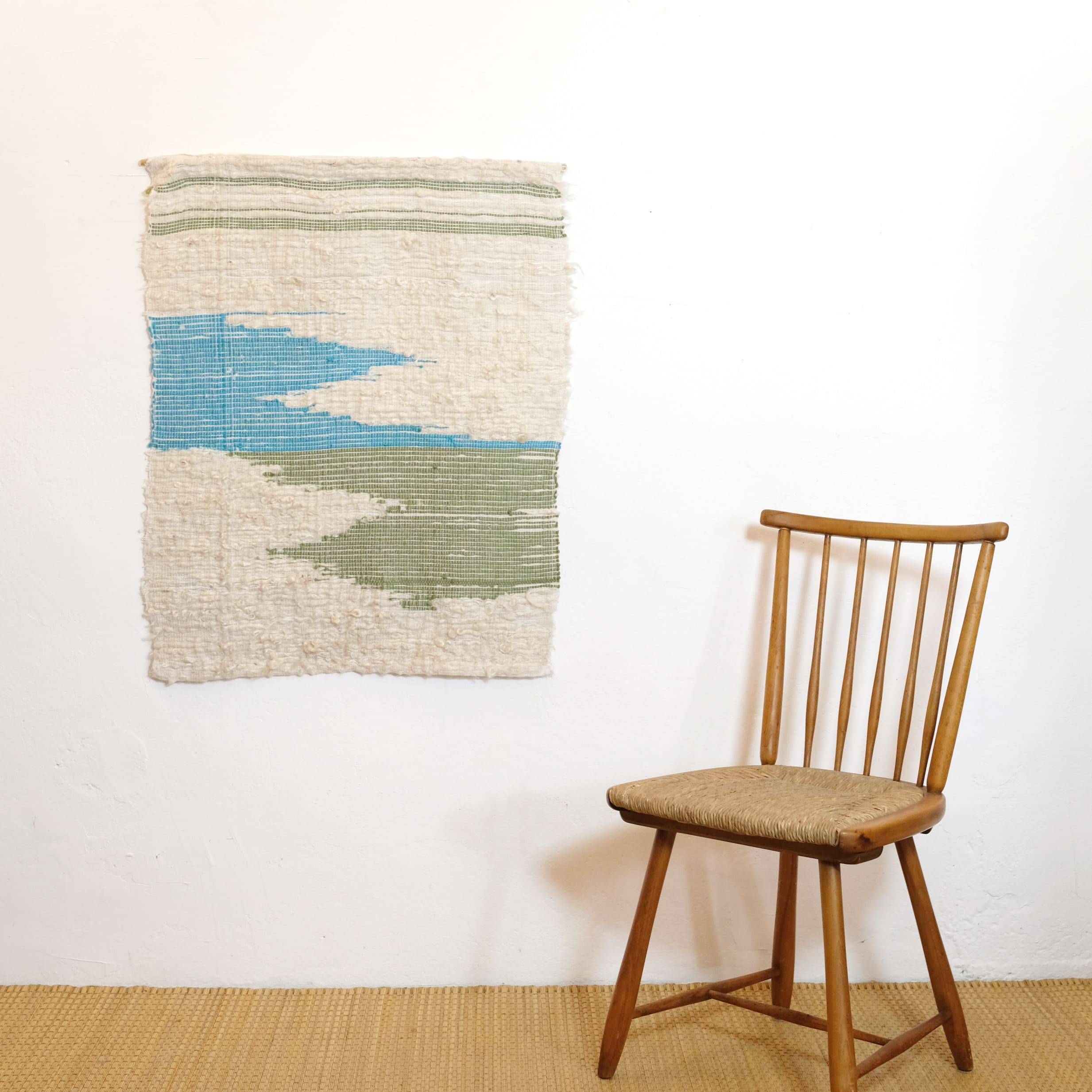 Janine Habert, tissage en laine vert et bleu, 70x87cm.