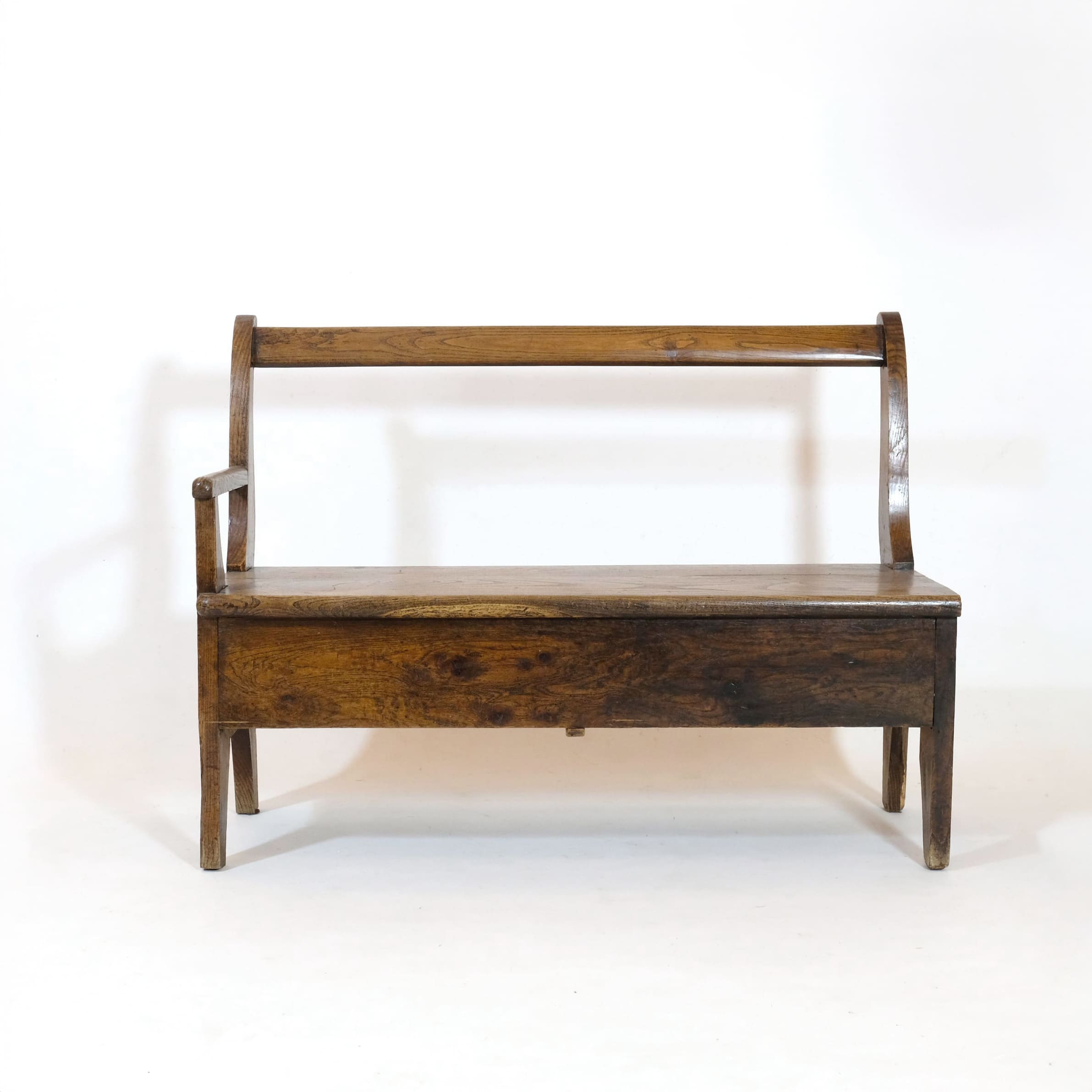 Handcrafted wooden bench with armrest and drawer on the right.