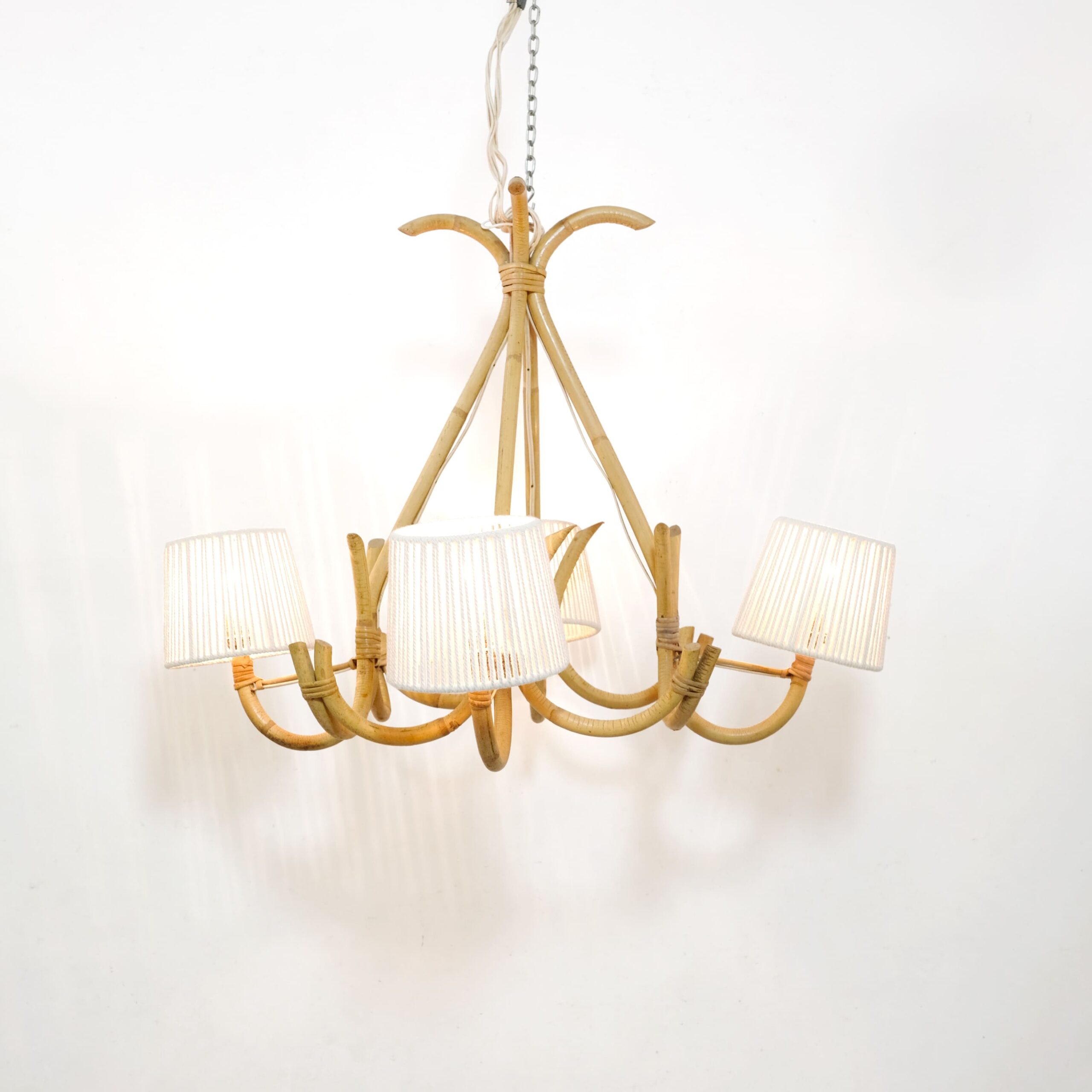 Rattan and rope pendant with 4 lights, 1960-1970.
