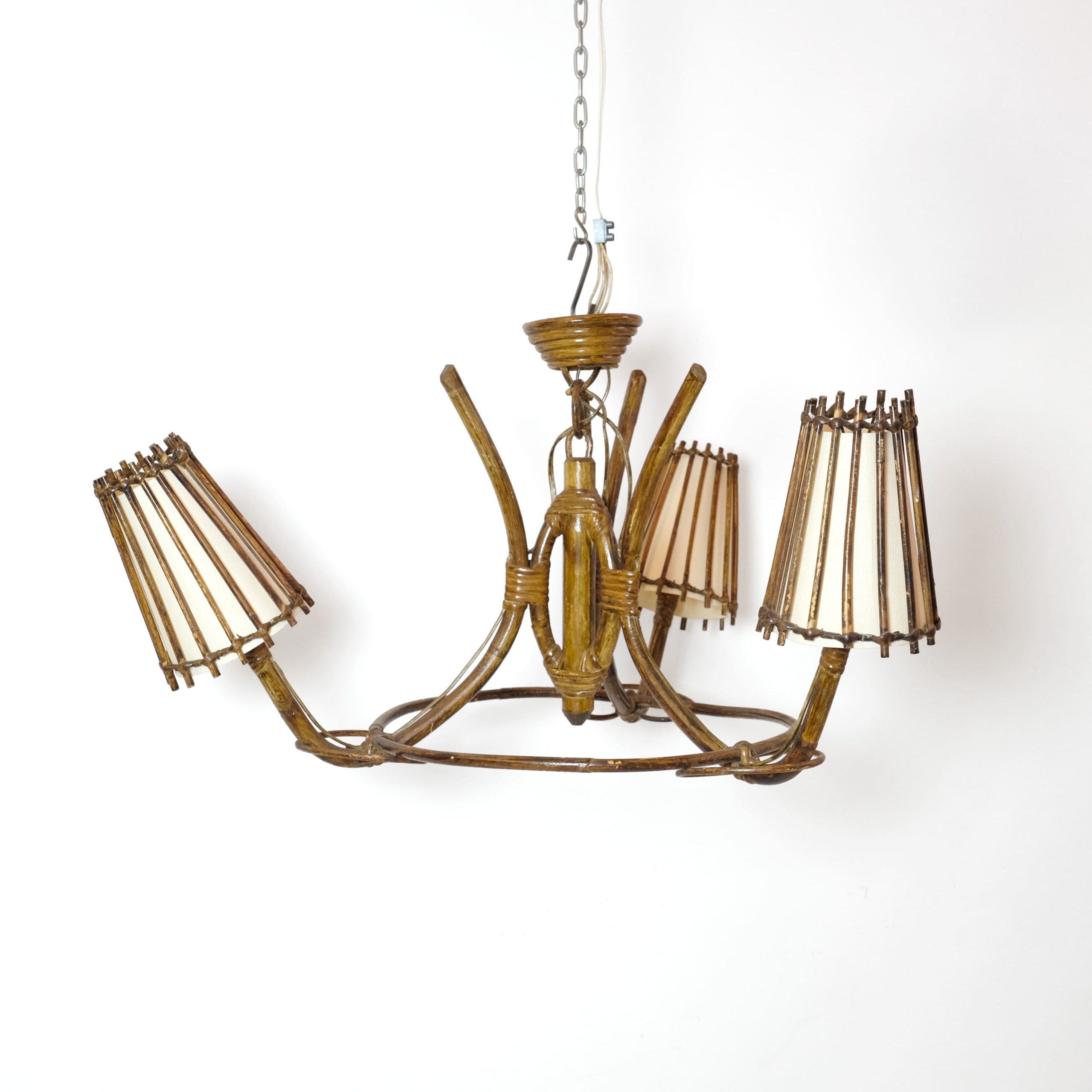 French 3-light rattan pendant lamp from the 60s-70s.