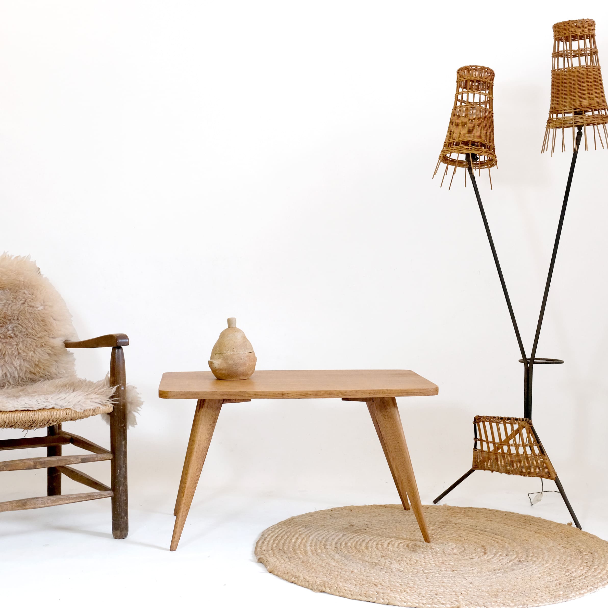 Modernist coffee table in light wood, 1960s–1970s.