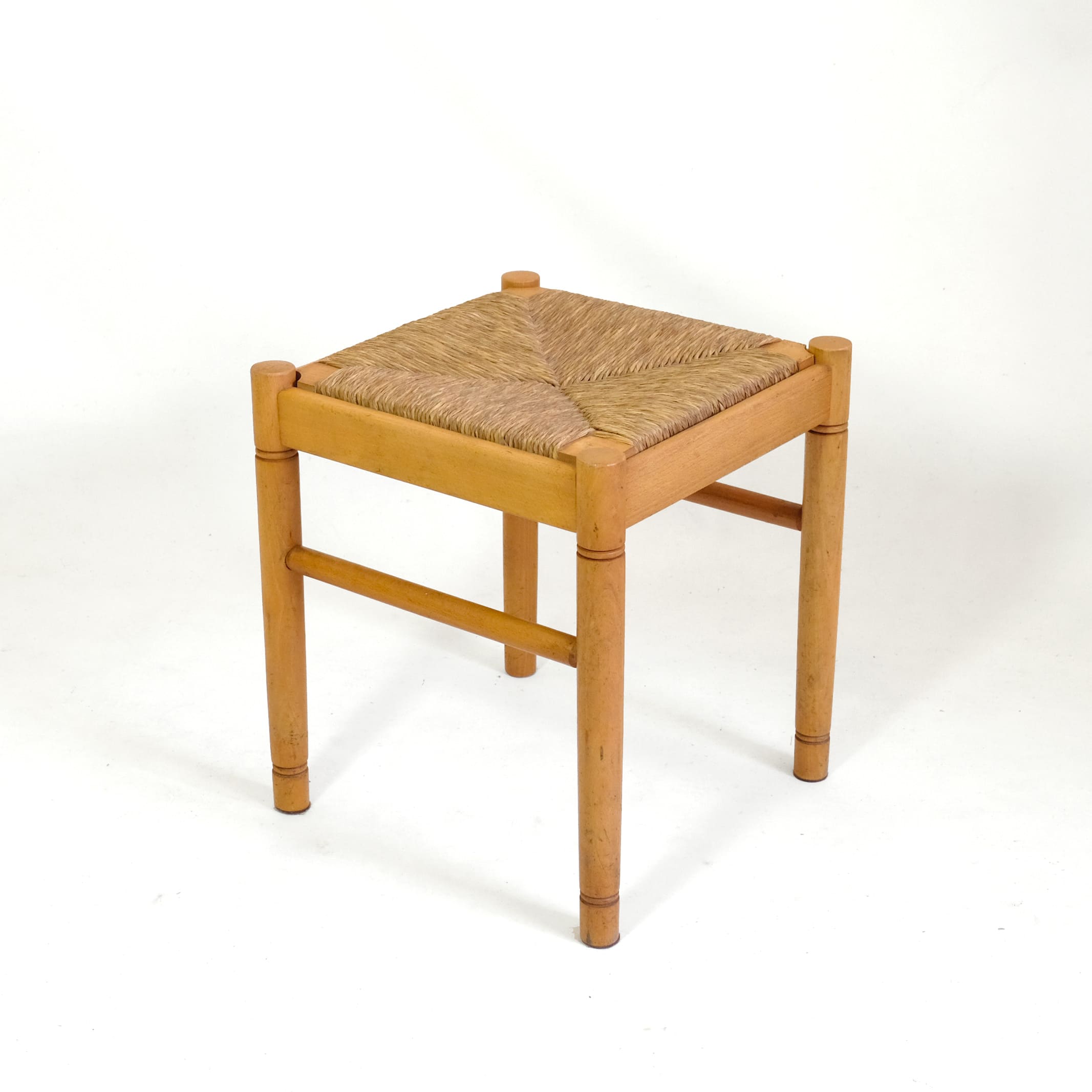 Baumann, solid wood stool with a rush seat.