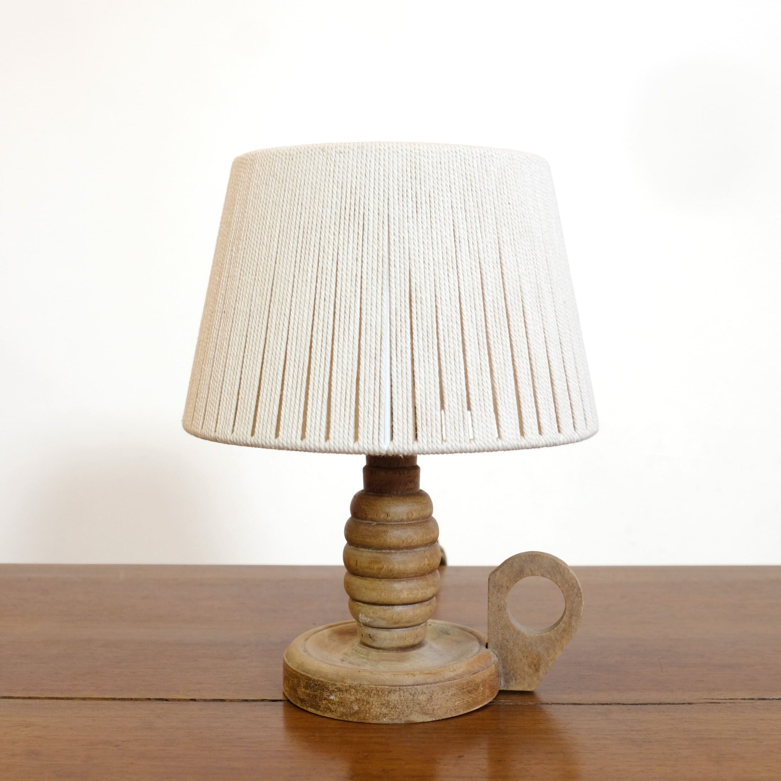 Little wooden lamp with a cotton rope lampshade.
