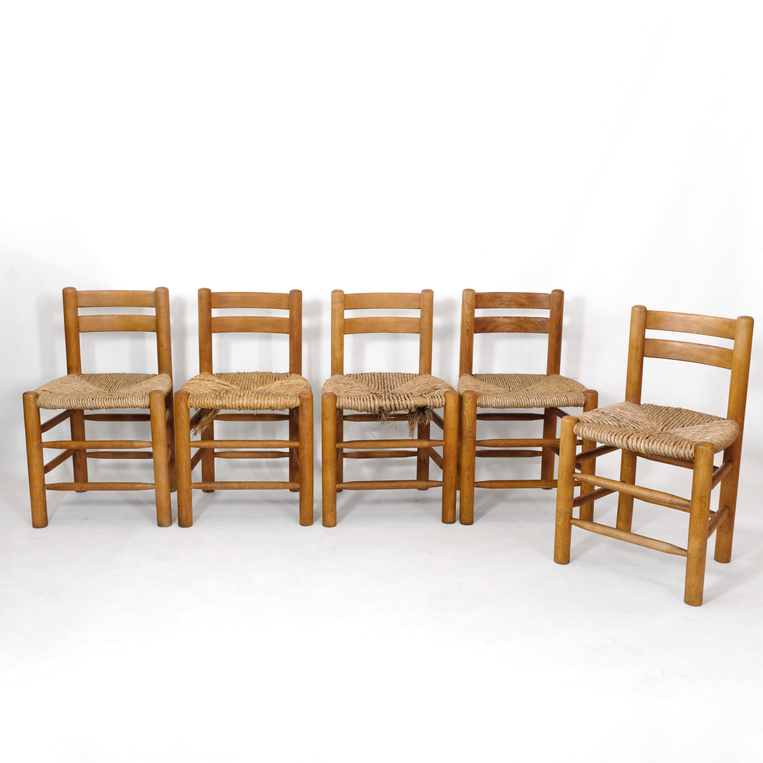 Castro, set of 5 ash and straw chairs from the 1950s, to be re-rushed.